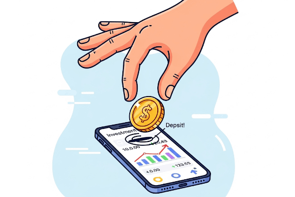 An illustration showing a hand dropping a coin into a digital wallet, symbolizing a small deposit into a trading account.