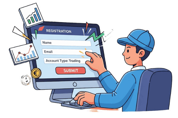 A person completing an online registration form on a screen, symbolizing opening a trading account.
