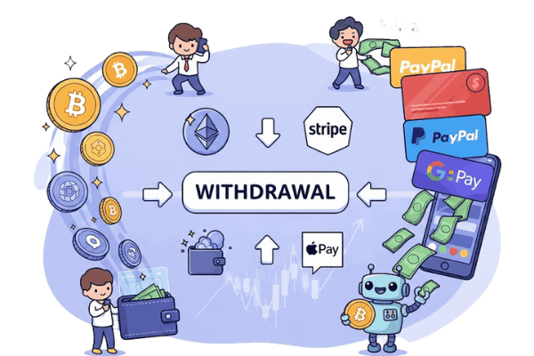 An image comparing different payment methods like crypto and e-wallets for a trading platform withdrawal.