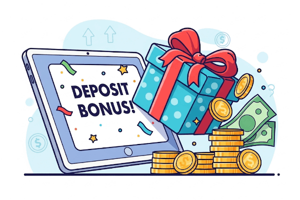 Illustration of a gift or bonus coming out of a device screen, symbolizing a trading deposit bonus.