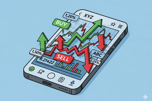 A smartphone screen showing trading signals with up and down arrows.