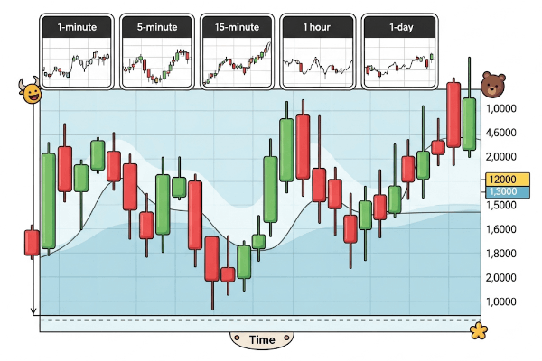 A trading chart showing multiple time frames, from one minute to one day.